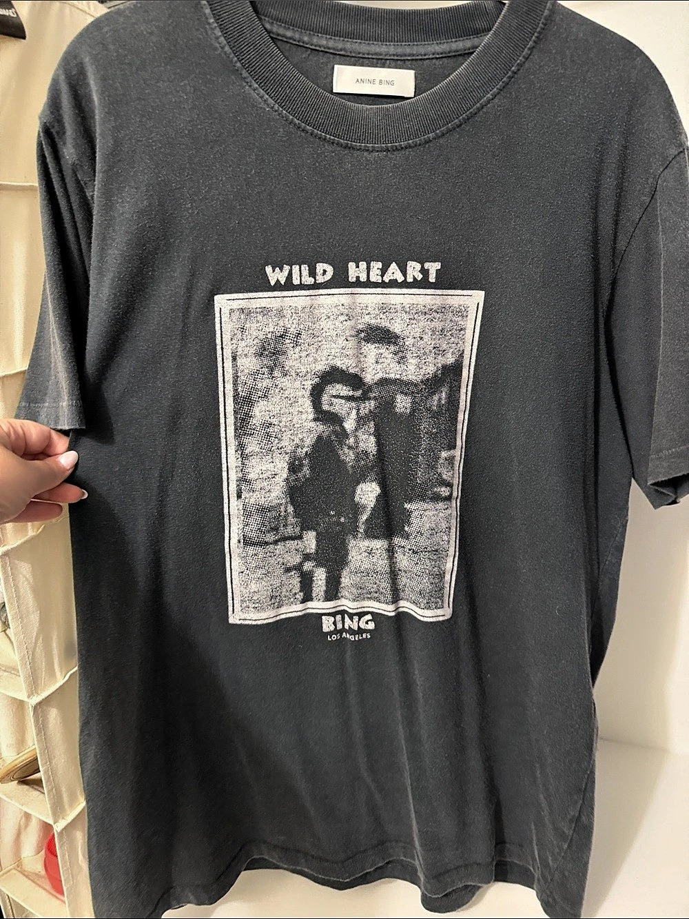 Anine Bing Vintage Wild Heart Tee in Washed Black Graphic Short Sleeve Tee